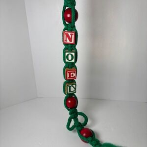 Vintage Noel Christmas Ornament Hanging Decoration Wooden Blocks Red Beads Green